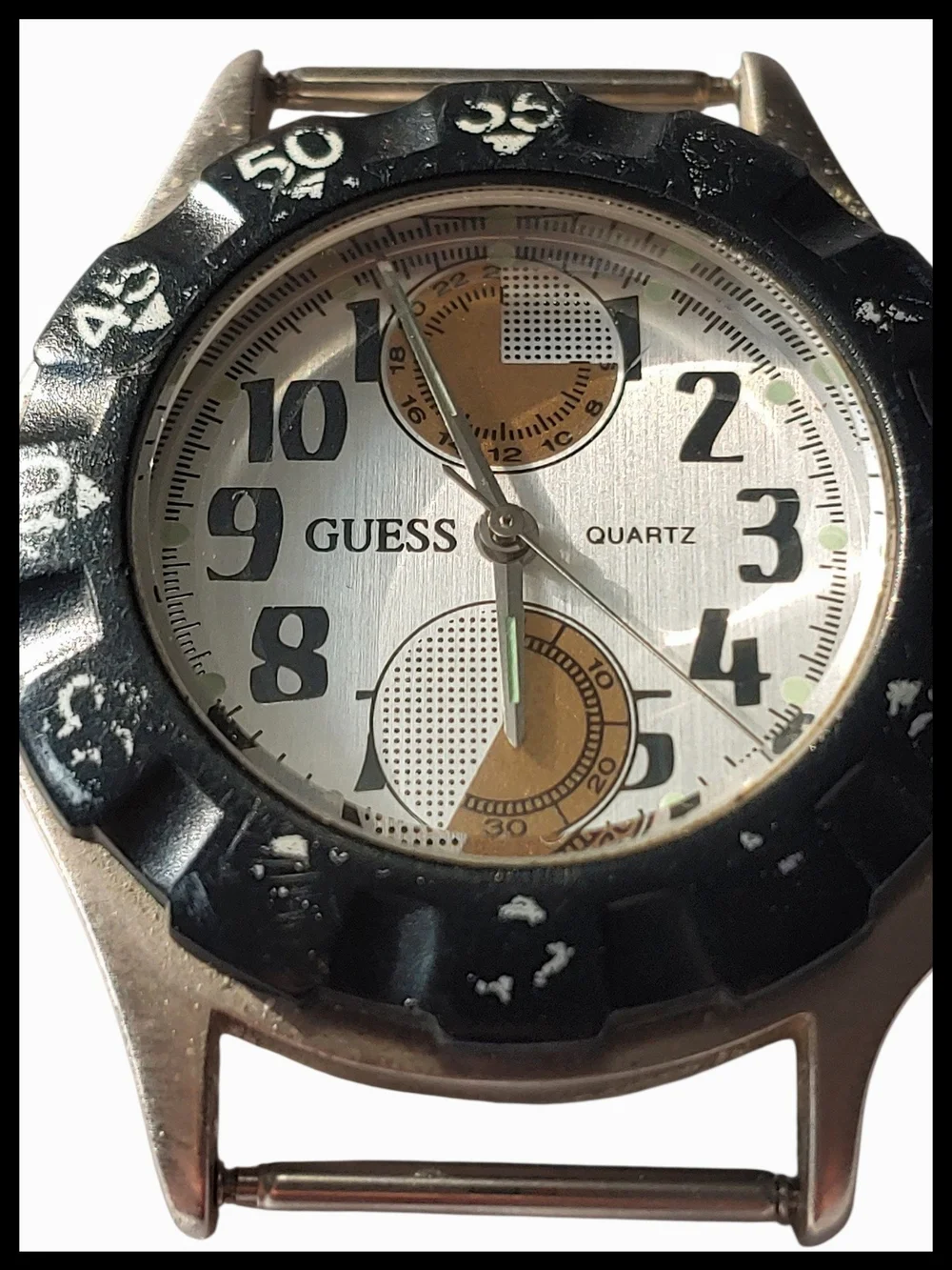 Vintage 1992 GUESS Silver Dial Men’s Watch Case, Works, with New Battery